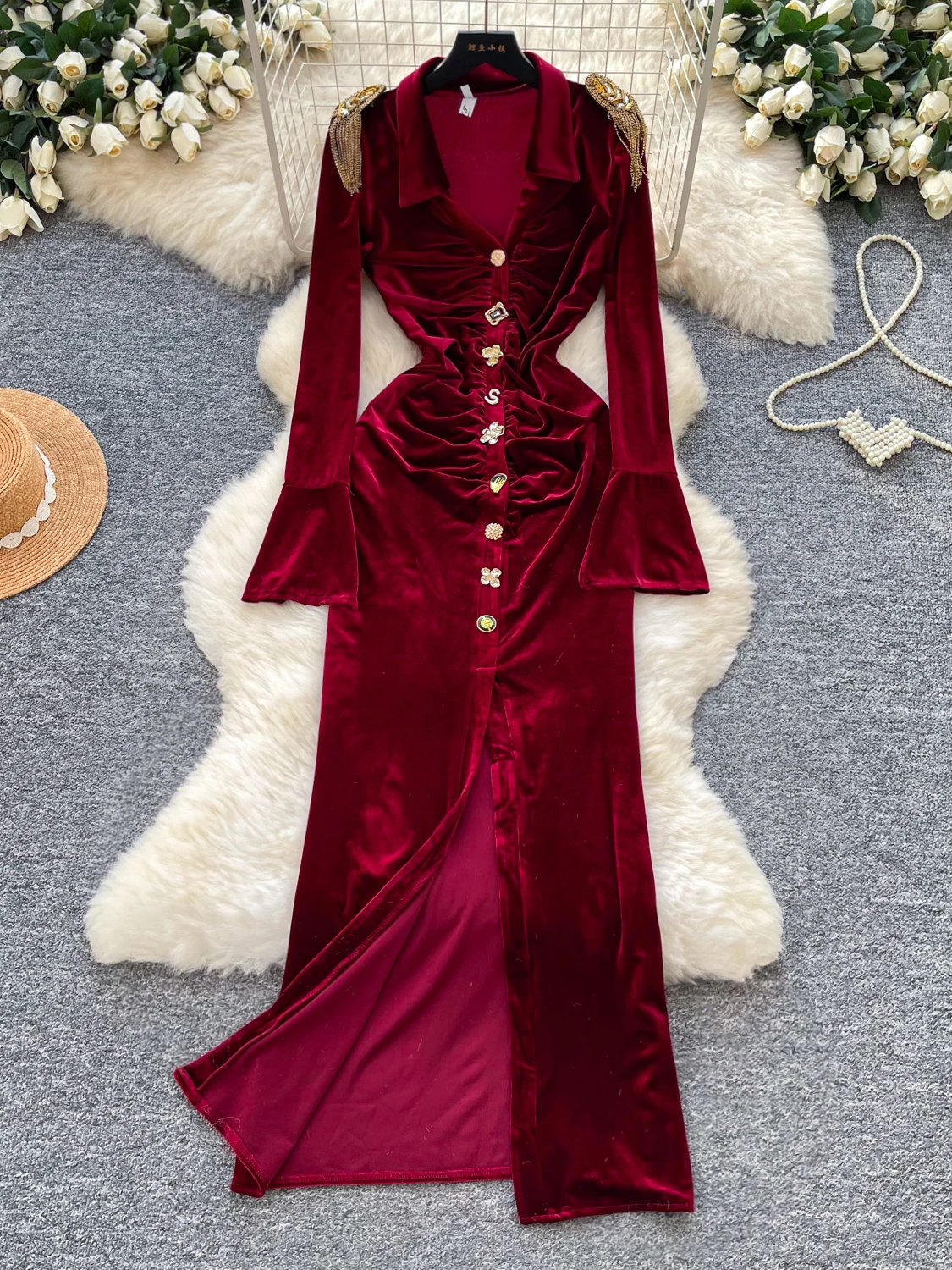 Velvet Long Sleeve Women's Dress Slimming Waist Tummy Control Bodycon Elegant City Commute A-Line Skirt Single Button Closure