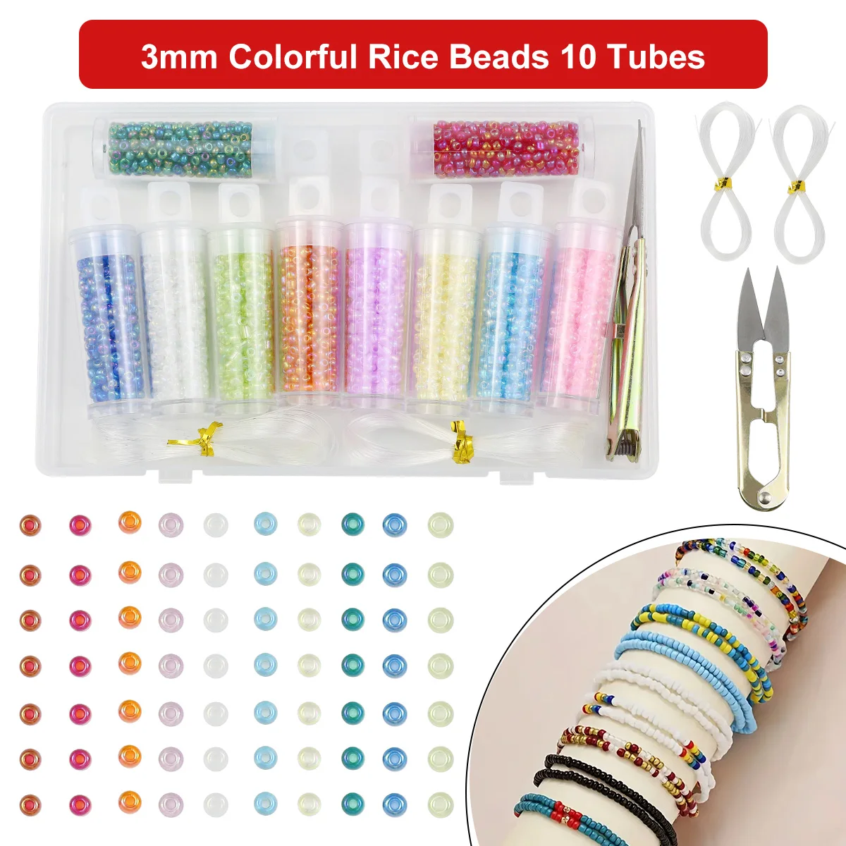 4500pcs 3mm Glass Rice Beads 10-color Combination Set Handmade DIY Seedbeads Material Jewelry Accessories Loose Bead Set Box