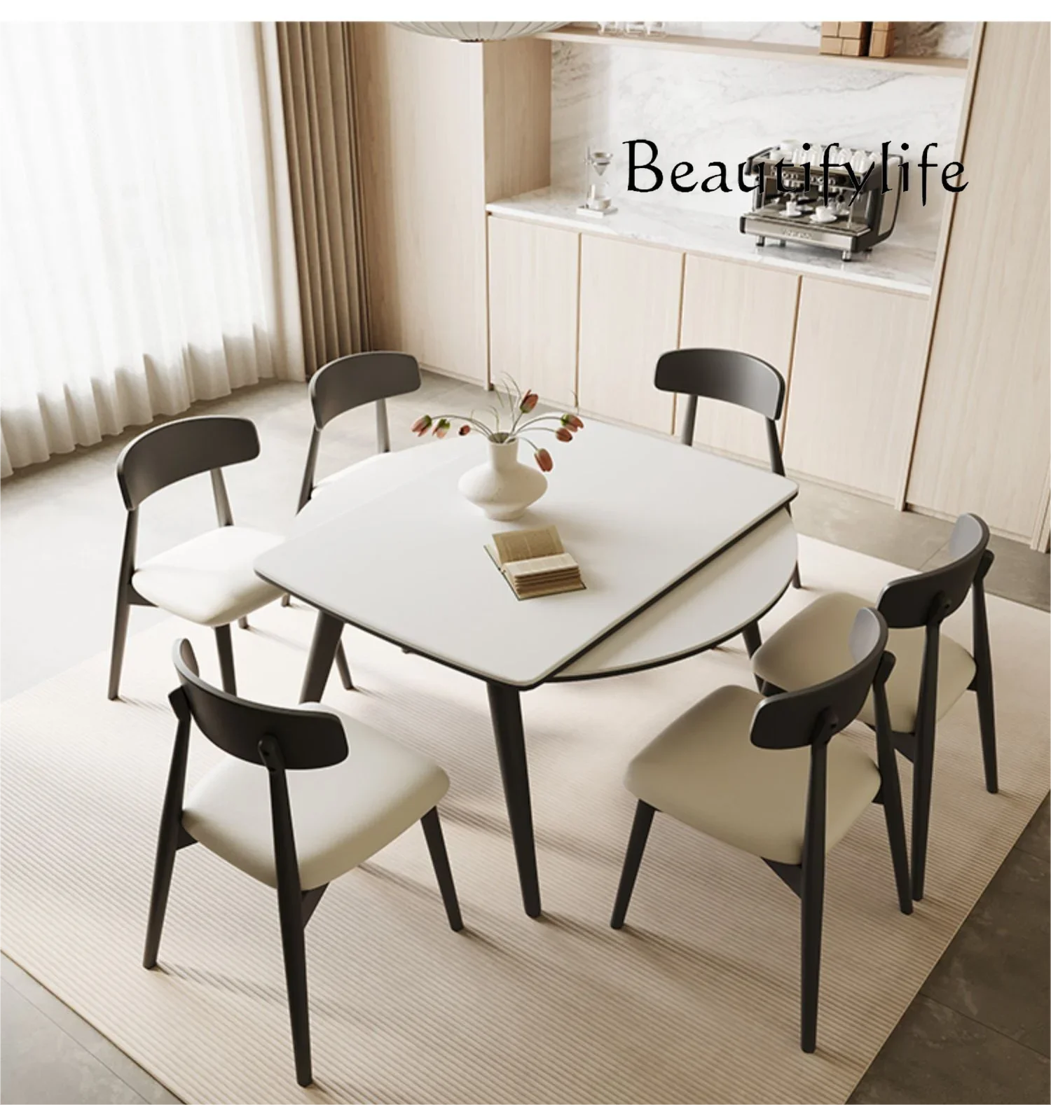 

Modern Simple Retractable Dining Tables and Chairs Set Variable round Table Dual-Use Solid Wood Stone Plate Dining Table