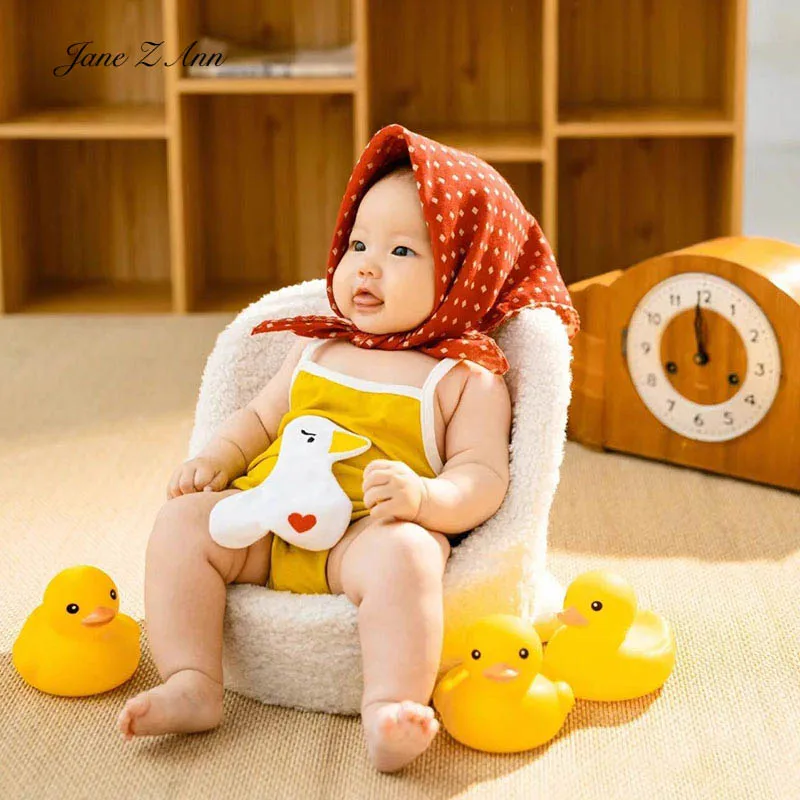 

Baby photography props infant summer little yellow duck theme costume red polka dot scarf+bodysuit+3pcs ducks