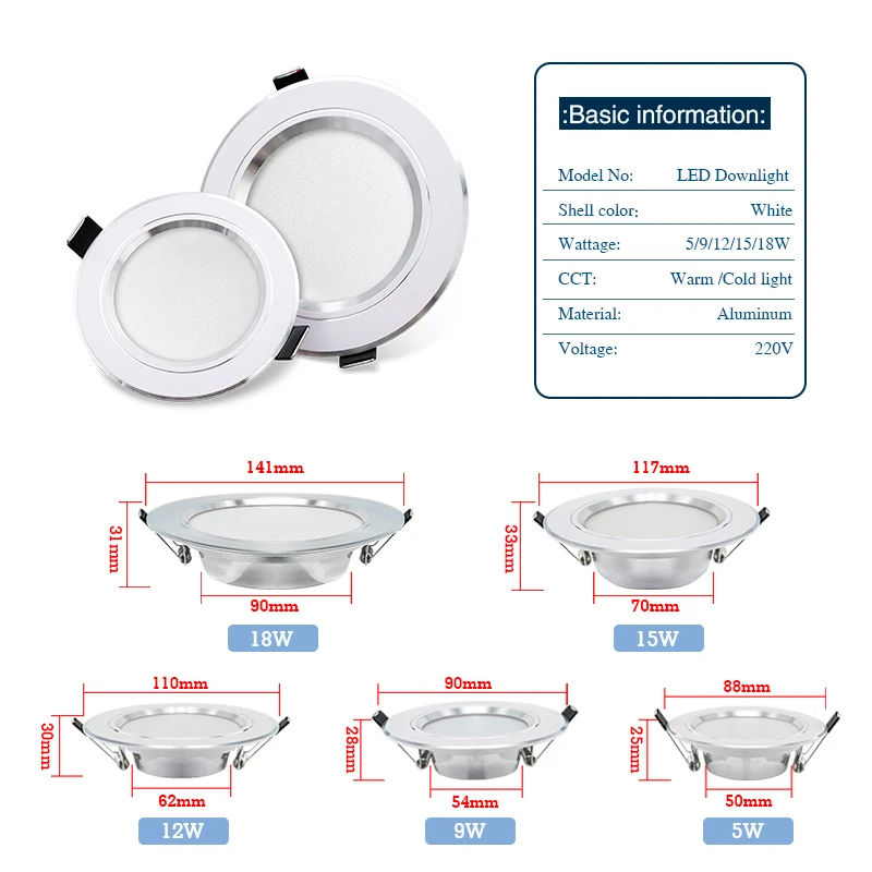 丸い埋め込み式LEDシーリングライト,室内照明,5W, 9W, 12W, 15W, 18W, AC 220V, 230V