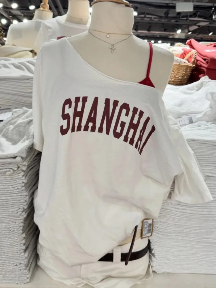 White Letter Print Loose T-shirts Women SHANGHAI Raw Hem Slash Neck Cotton Short Sleeve T-shirts Preppy Style Sweet Y2k Tops