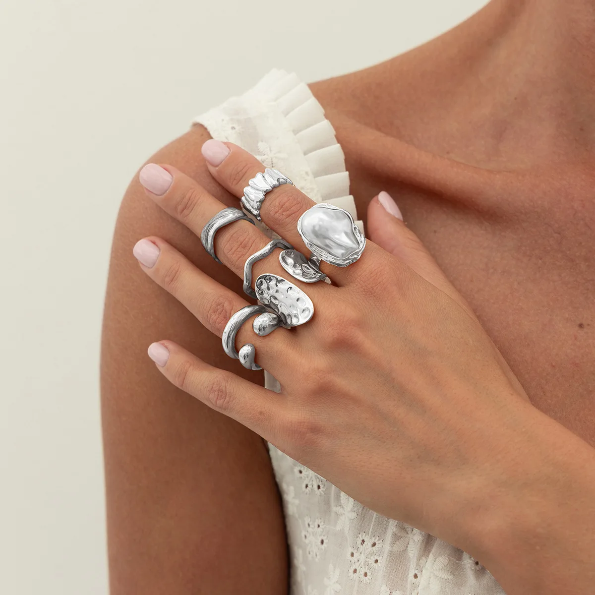 Baroque Pearl Ring Set 6/7pcs  Irregular Fluid Metal Texture Faux Pearl Stackable Artistic Gift for Her