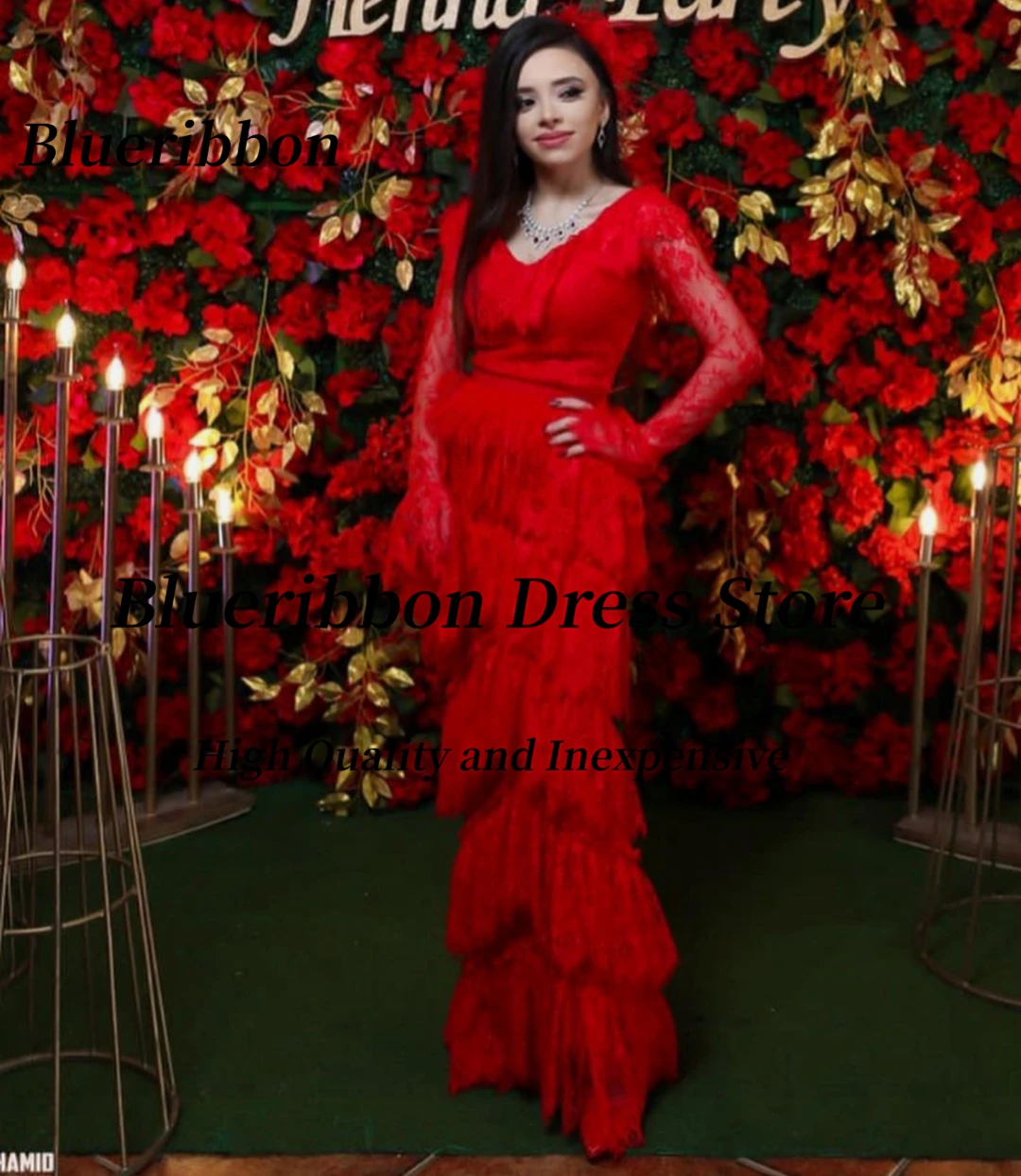 Blueribbon robes de bal col en V manches longues فسات arsaliات 2008 robes de soirée à plusieurs niveaux personnalisées