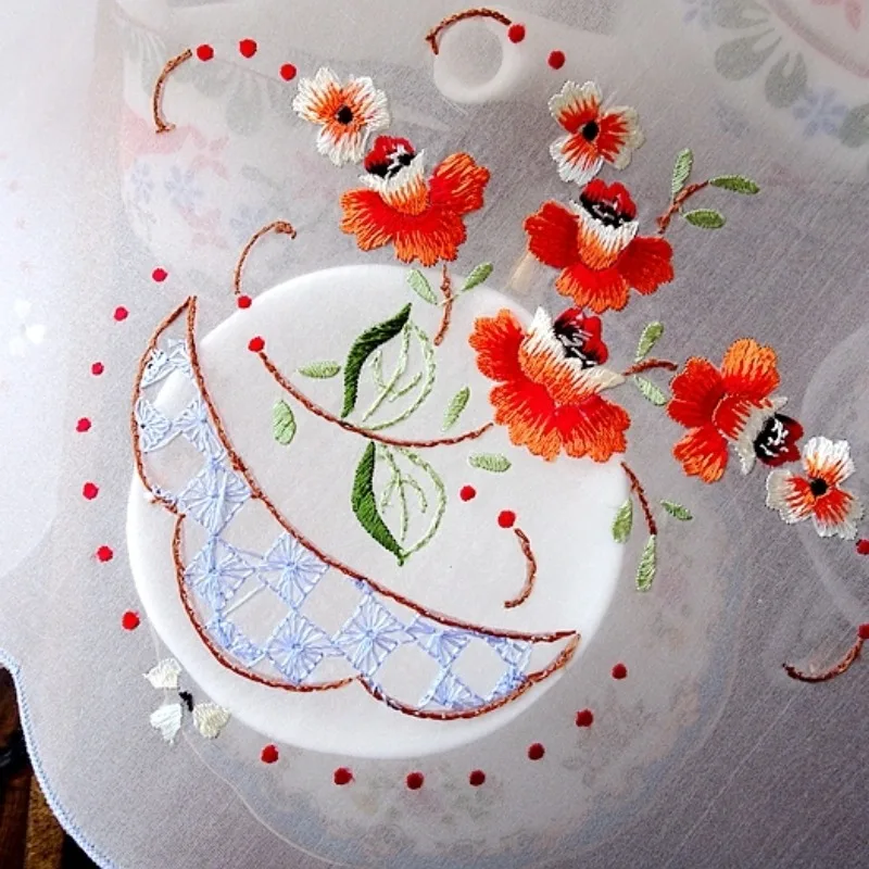 1개 실크 수공예 자수 아메리칸 레트로 플로럴 원형 매트 코스터 꽃병 매트 장식 커버 32CM 원형
