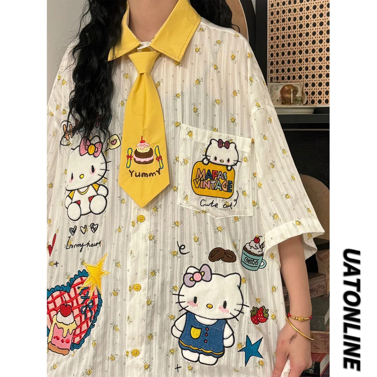 

UATONLINE2026 Summer Street Sle Loose Casual Women's ort Sve irt Embroidered Cartoon Trendy Open Cardigan Collar