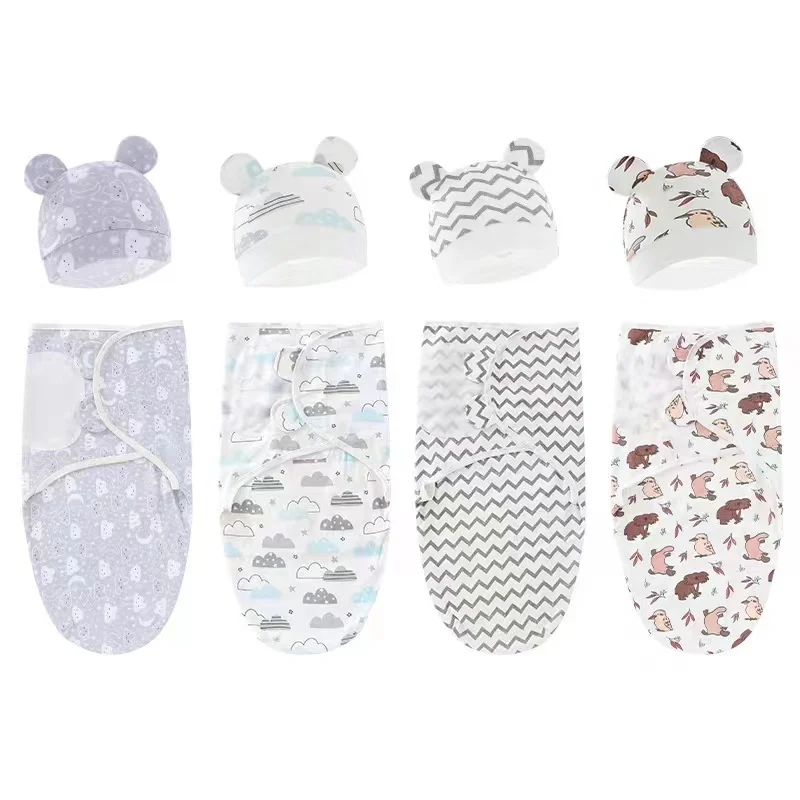 2 buah katun baru lahir Sleepsack bayi selimut bungkus Set topi bayi dapat disesuaikan baru lahir kantong tidur selimut Muslin 0-6M