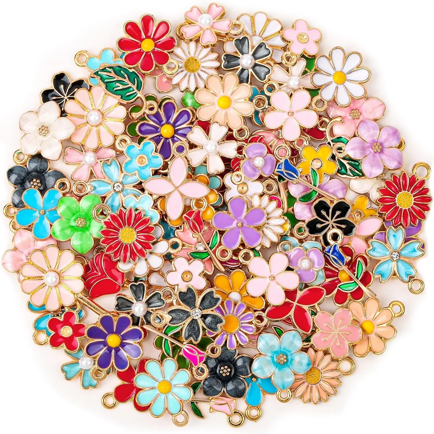 

100Pcs 50 Pairs Flower Charms for Jewelry Making, Wholesale Assorted Enamel Mixed Bulk Metal Earring Charms for DIY Necklace Bra