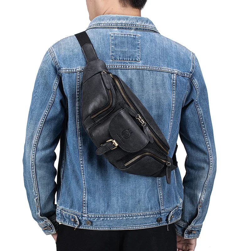 Top-grain cowhide multi-functional waist bag for men, large-capacity genuine leather motorcycle chest bag