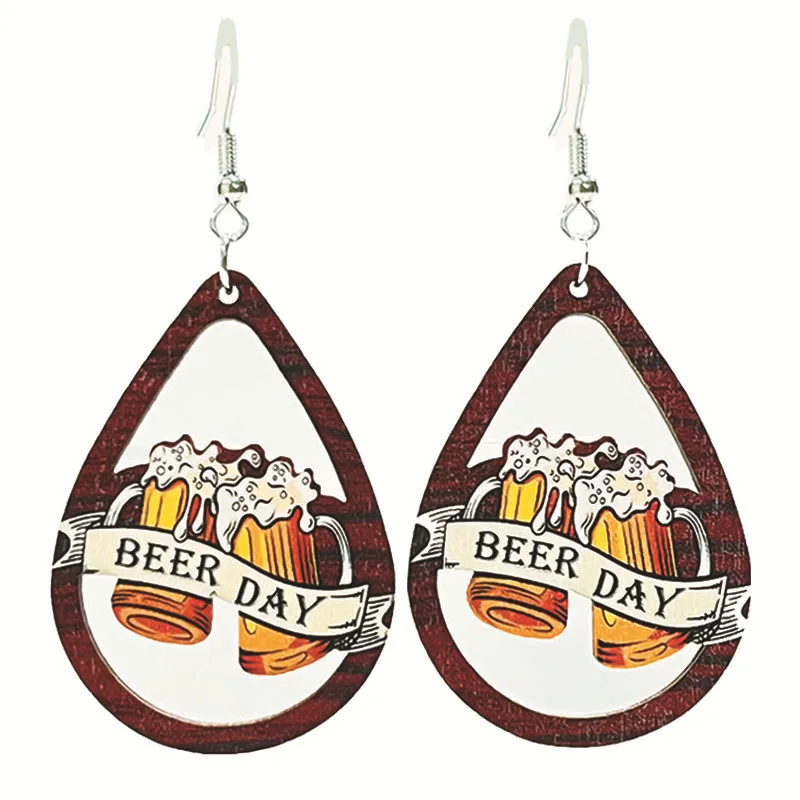 Beer Festival Wooden Hollow Earrings Fun Humorous Retro Happy Celebration Beer Drops Earrings For Women Gift