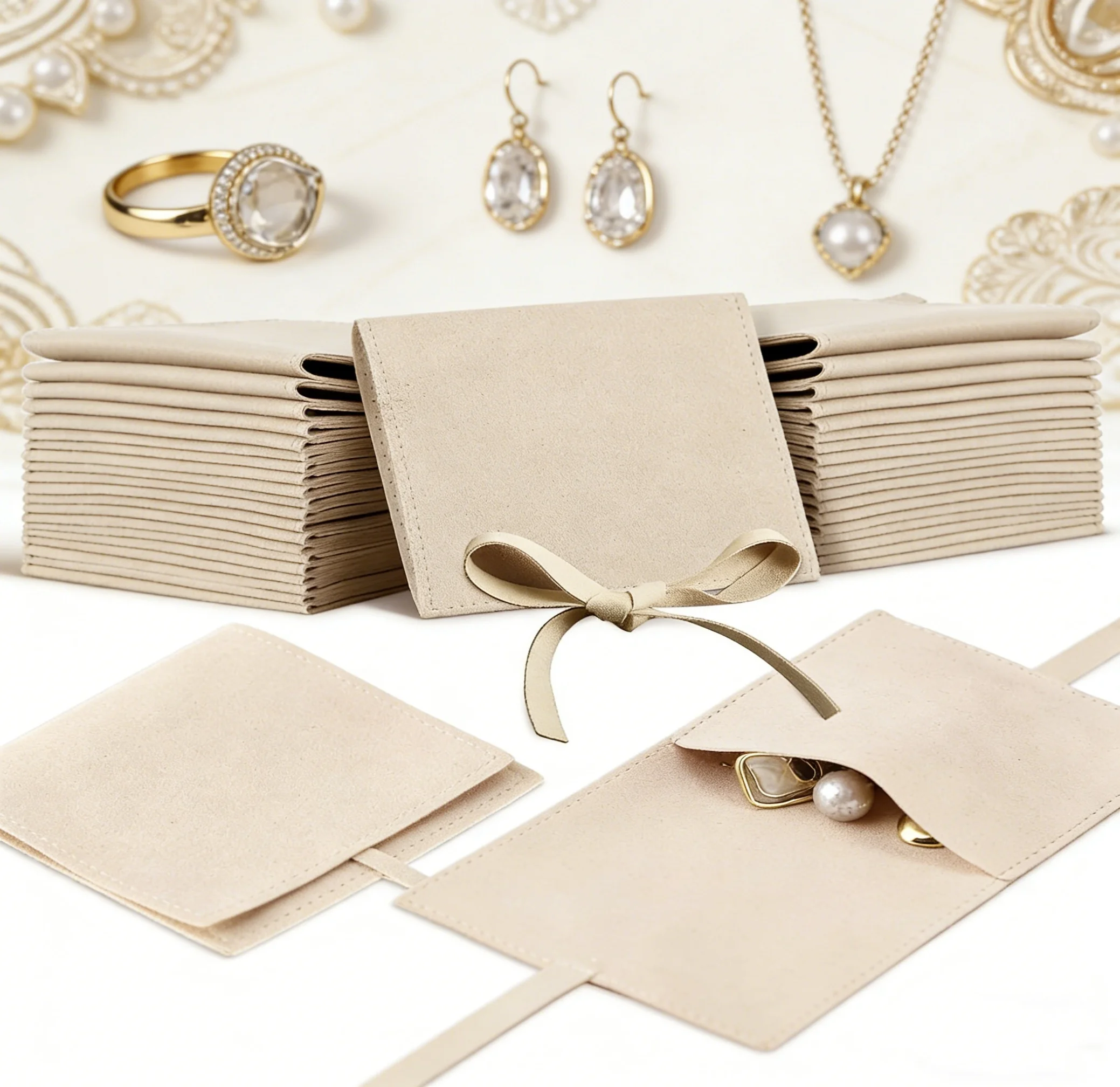 

40 шт. бежевых мешочков для украшений из микрофибры 8x8 см, подарочные пакеты класса люкс в форме конверта с завязками-бантиками и разделителем, маленькая упаковка для ювелирных изделий