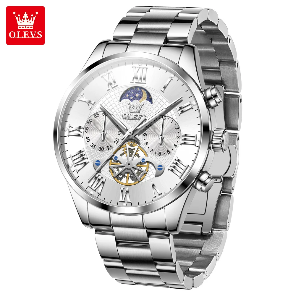 OLEVS 3640 Men's Watch Classic Flywheel Design Moon Phase Roman Scale Chronograph Waterproof Luminous Business Quartz Wristwatch