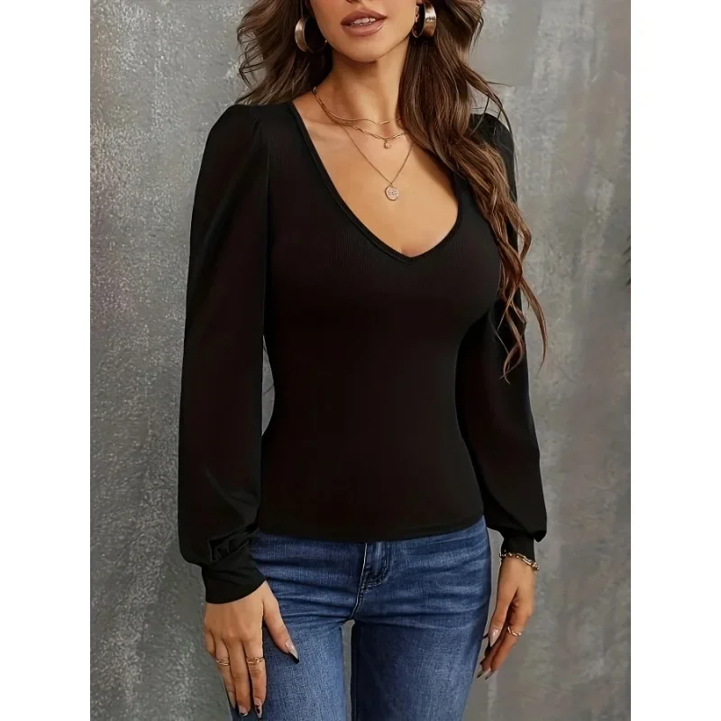 

Плюс размер 1XL-5XL, женская модная футболка с рукавами-фонариками и низким воротом, облегающая повседневная удобная однотонная футболка, топ