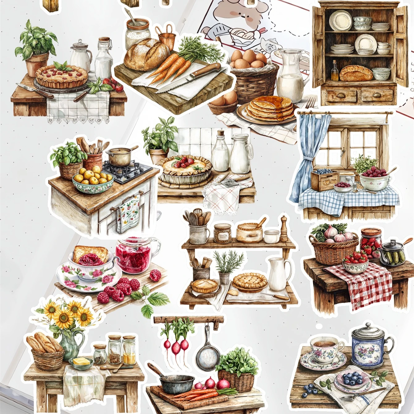 20pcs Watercolor Village Kitchen Home Cooking Hand Account Stickers  Stationery Laptop Fridge Suitcase Skateboard Phone Sticker