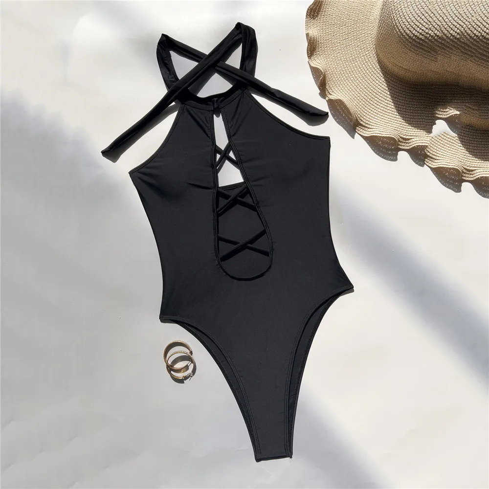 Sexy Black Ribbed Backless Swimwear Woman 2024 One Piece Swimsuits String Cross Swimming Wear Bathing Suit Bathers Bodysuit