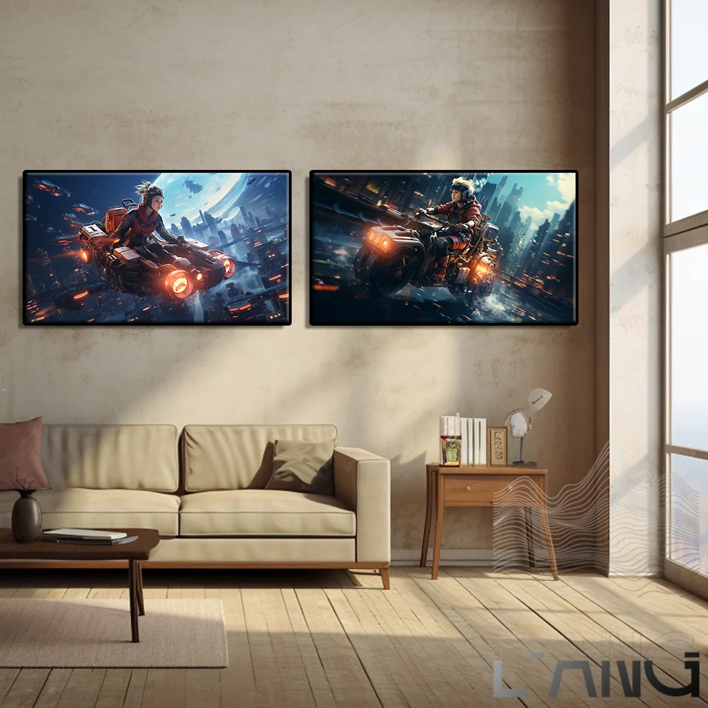 

Punk science fiction through the city flying machine figure abstract art poster living room wall decoration canvas painting