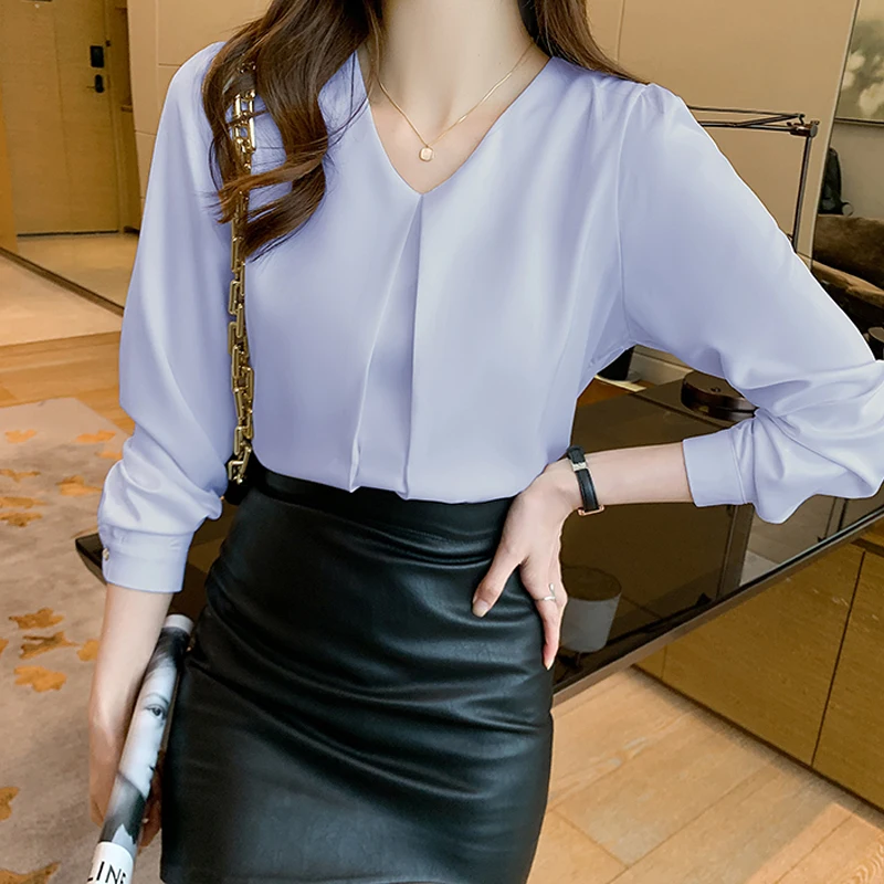 New Fashion Long Sleeve Women Blouse Blusas Mujer De Moda 2024 V-Neck White Chiffon Blouse Shirt Women Tops Blouses Shirts G175