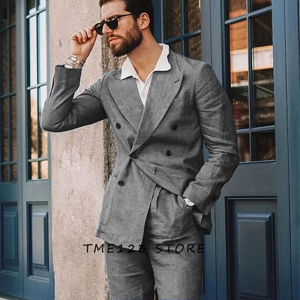 Men's Suit Business Casual Solid Boyfriend Suit for Wedding Trend Two Piece Mens Suits Men's Set 2 Pieces Summer Slub Cotton