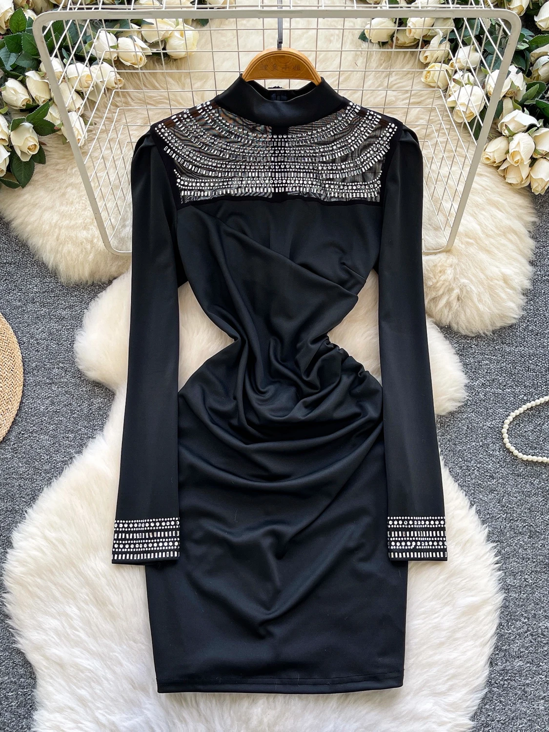 Elegant Long Sleeve Mermaid Dress Women's High Waist Sequin Mesh Panel Slimming Wrap Bodycon Dress Luxury Fashion City Commute