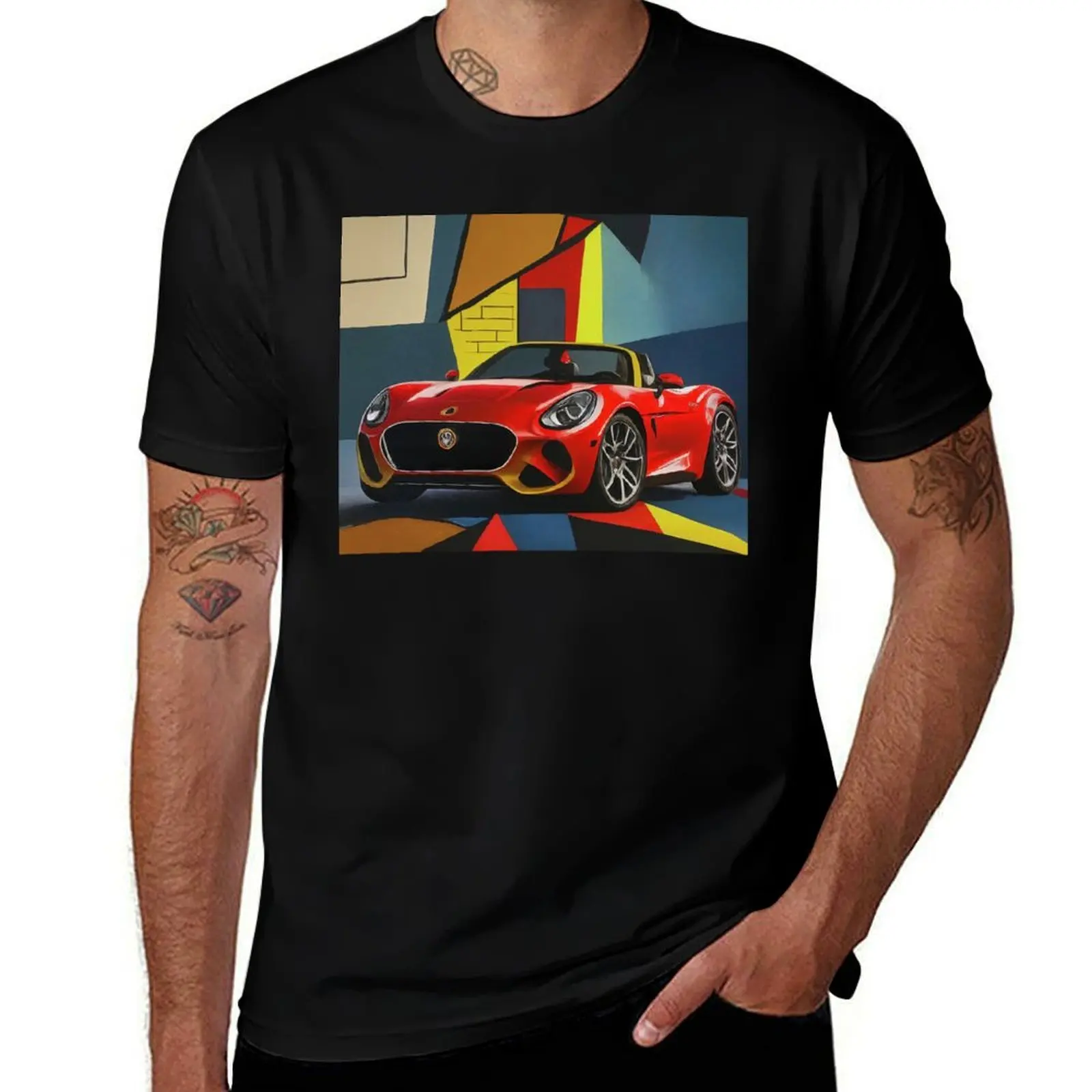 

Crimson Velocity – Pop Art Red Sports Car on Geometric Abstract Background T-Shirt blue archive men t shirts