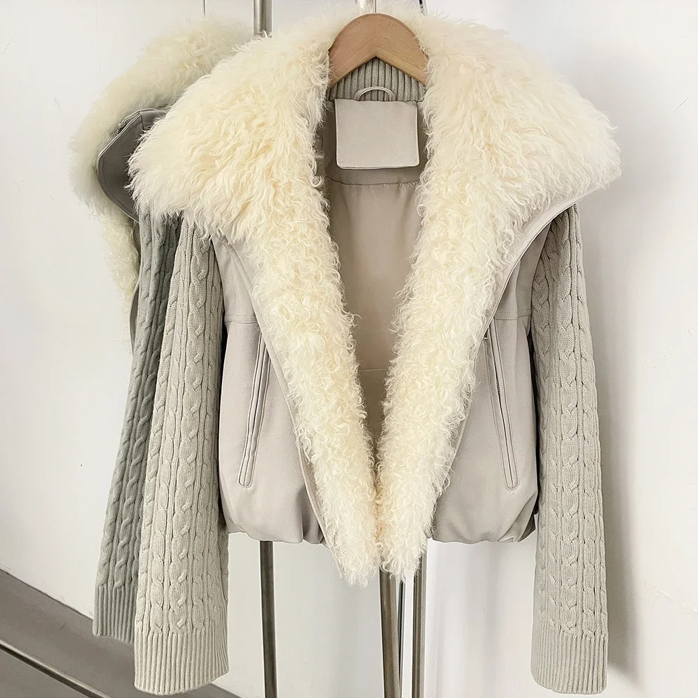 OFTBUY 90 White Duck Down Jacket Knit Sleeve Zipper Pockets Drawstring Short Coat Women Winter Real Curly Lamb Wool Fur Collar