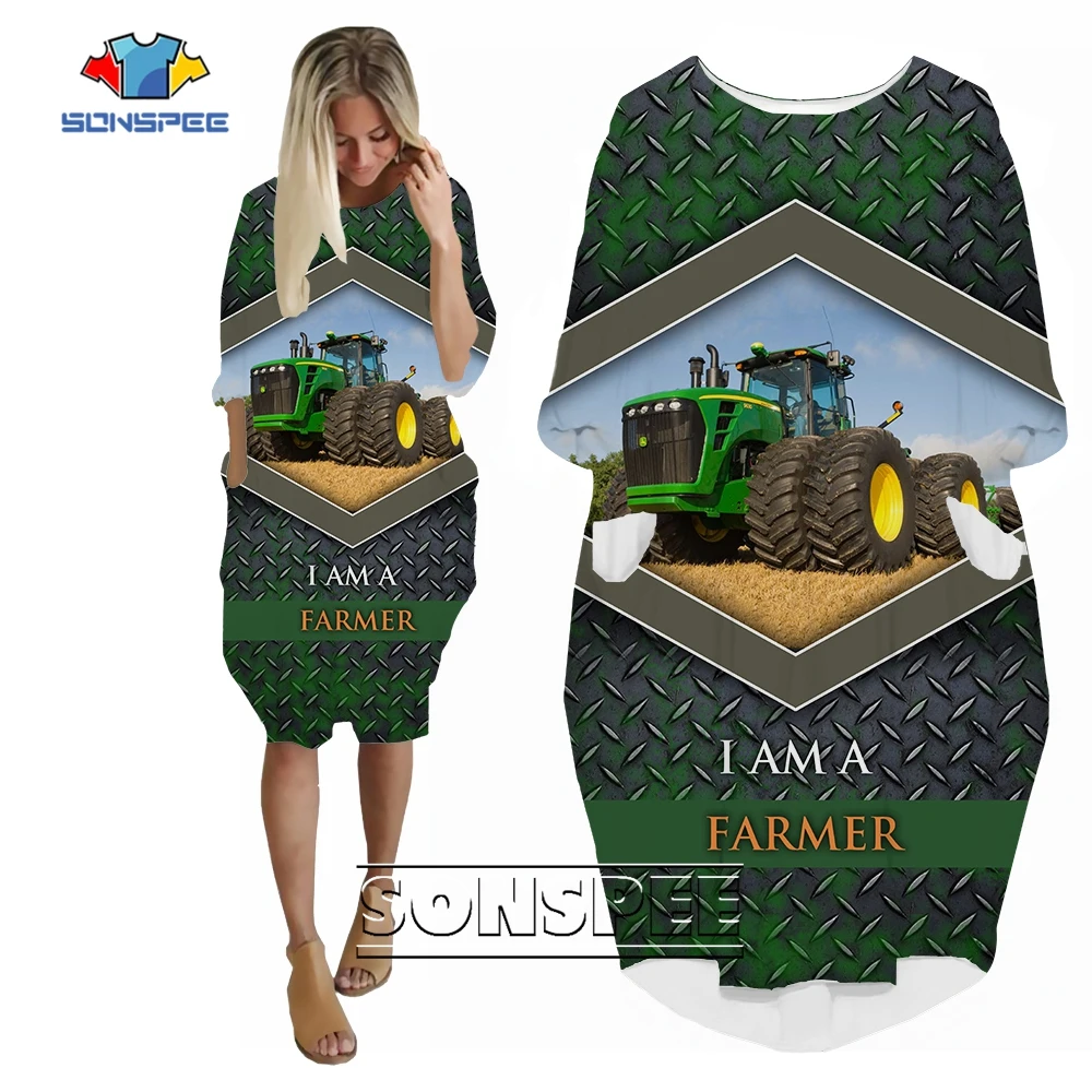 

SONSPEE Green Farmer Harvester 3D Printed Dress Long Sleeve Mechanic Punk Skirt Lady Leisure Plus Size Stereo Car Streetwear