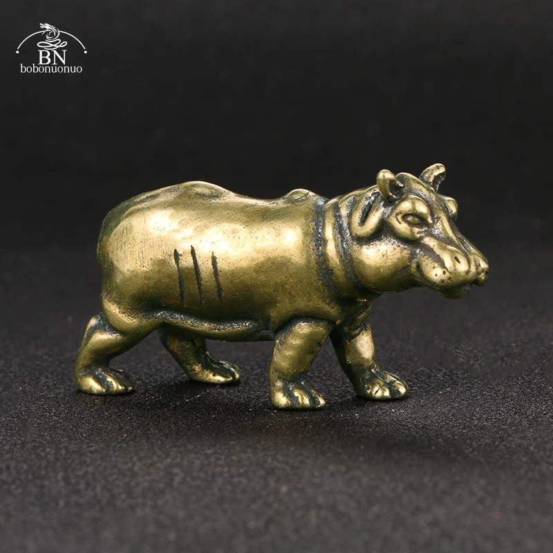 Retro Brass Hippo Small Statue Tea Pet Desktop Ornament Home Decoration Animal Figurines Miniature Crafts Accessories Collection