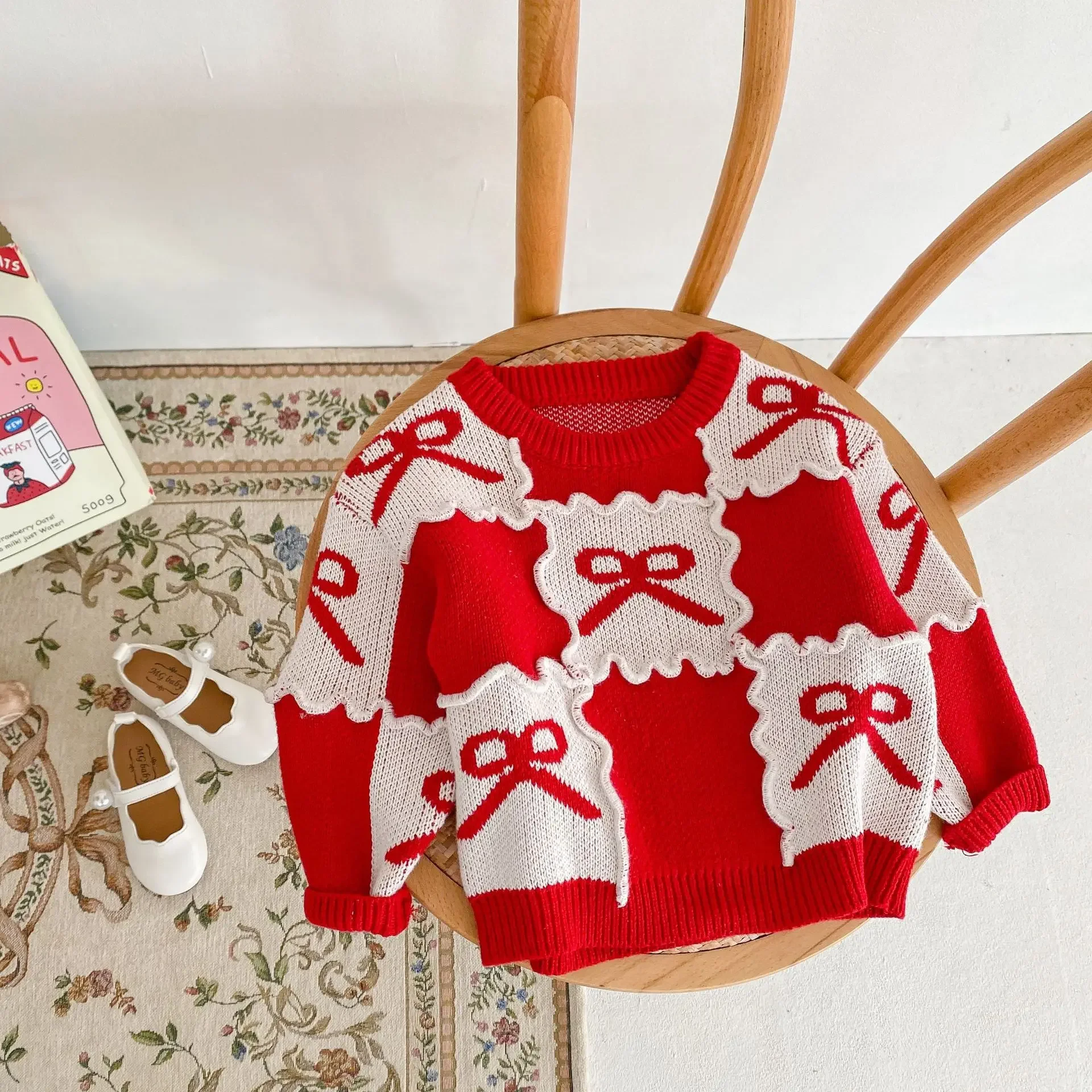 

Sweater Autumn Winter New Baby Baby Clothing Round Neck Knitwear Grid Bow Knot Cotton Mesh Yarn Round Collar Red Bows