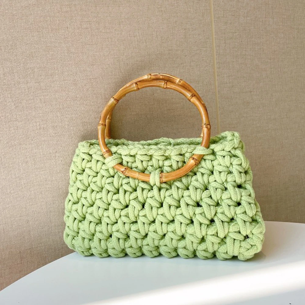 Hohemian Crochet Bamboo Handle Women Handbags Hollow Knitting Tote Woven Bags for Women Square Clutch Purse and Handbag Designer