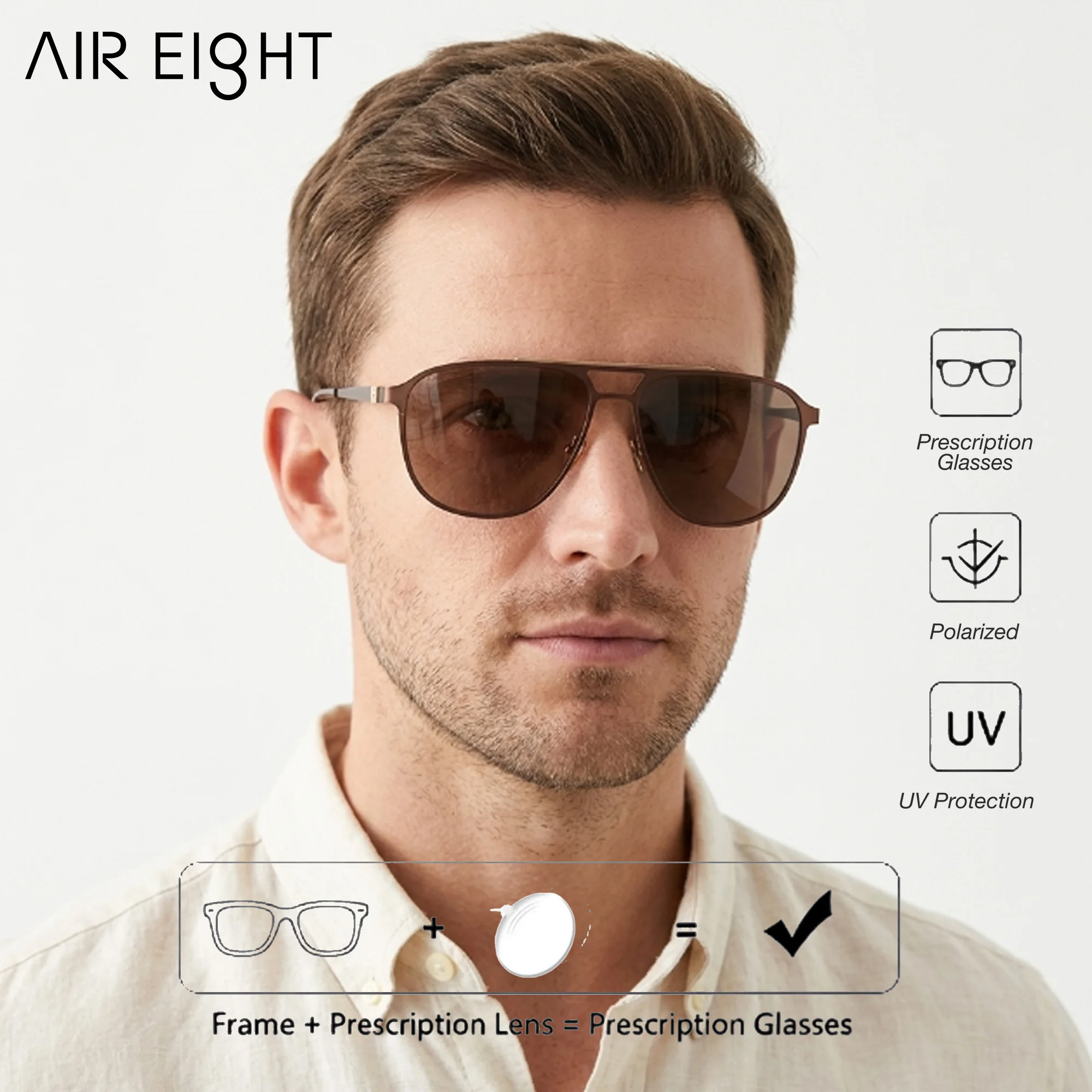 AIR EIGHT Aviator Metal For Men Prescription Sun Glasses Polarized UV400 Progressive Lenses Business Glasses