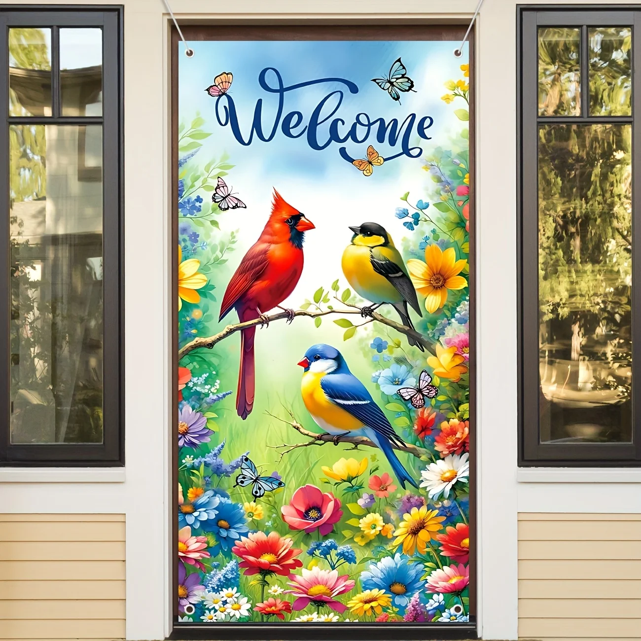 Spring Welcome Door Cover Spring Summer Bird Flower Door Banner Spring Easter Seasonal Welcome Door Decorations for Front Door