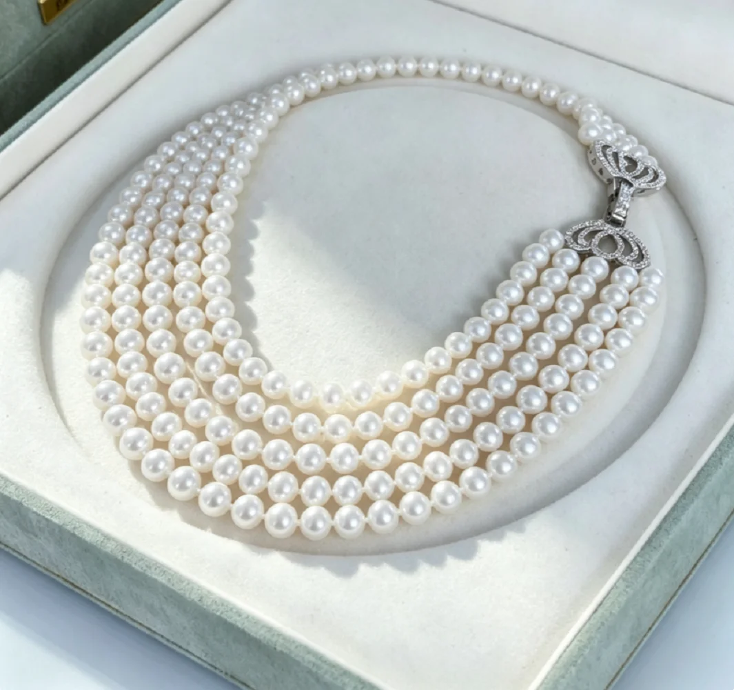5-Row/4-Row/3-Row Necklace AAAA5-6mm Natural Japanese Pearl Necklace 925s Button
