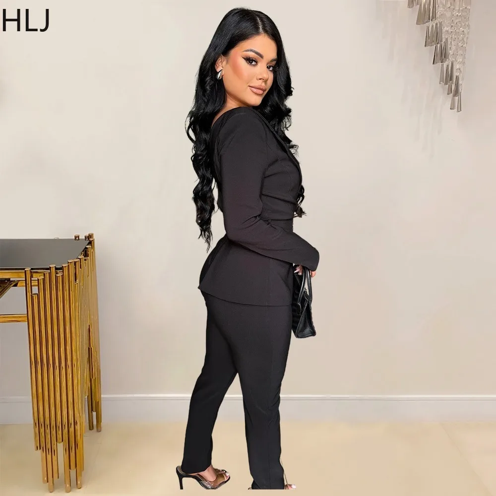 HLJ Fashion Elegant Splicing Straight Jumpsuits Women One Shoulder Long Sleeve Hollow Playsuits Sexy Blazer Top Design Overalls