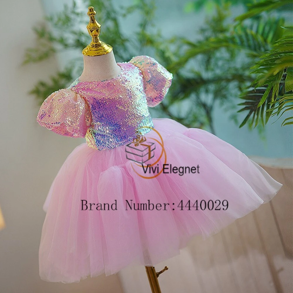 Pink Short Sleeve Flower Girls Dresses for Kids 2024 Sequined A Line Knee Length Christmas Gowns Zipper Back فلور فتاة اللباس