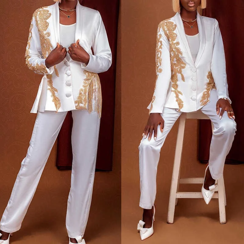

Fashion Beaded Appliques Women Suits Single Breasted Pant Sets Office Ladies Work Plus Size 2 Pieces Customized Outfits
