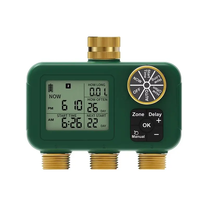 A36T-3-Outlet Automatic Water Timer Brass Inlet Outlet Rotary Knob Button Control LCD Display Screen IP55 Child Lock