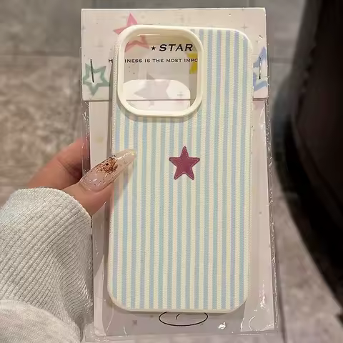 Blue Striped Star Lichee Pattern Phone Case For Samsung Galaxy S25 S24 S23 Ultra S22 Plus S21 FE A56 A36 A16 A55 A54 A53 Cover