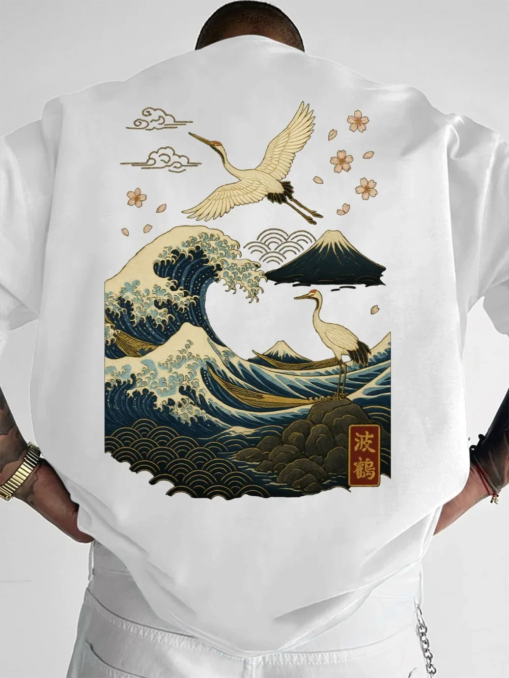 Japanese Ukiyo-e Style Wave, Pacific Ocean, Crane 3D Printed Breathable Loose Large-sized Men's T-shirt Street Casual Trendy Top
