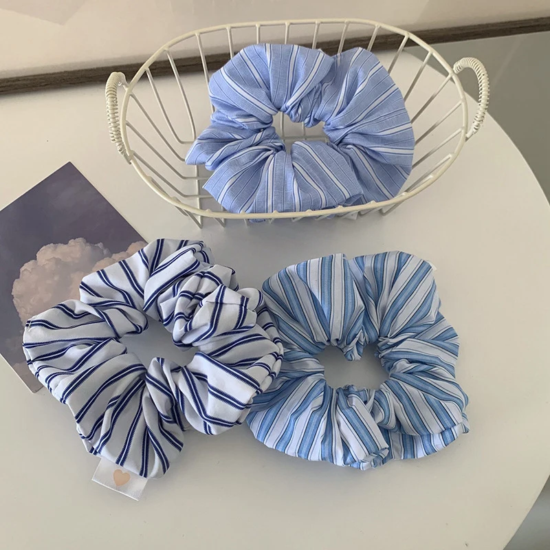 

Fresh Cloth Stripe Blue White Girl Head Rope Large Intestine Hair Ring Hair Rope Korean Style Headwear Women Scrunchies Hair Tie