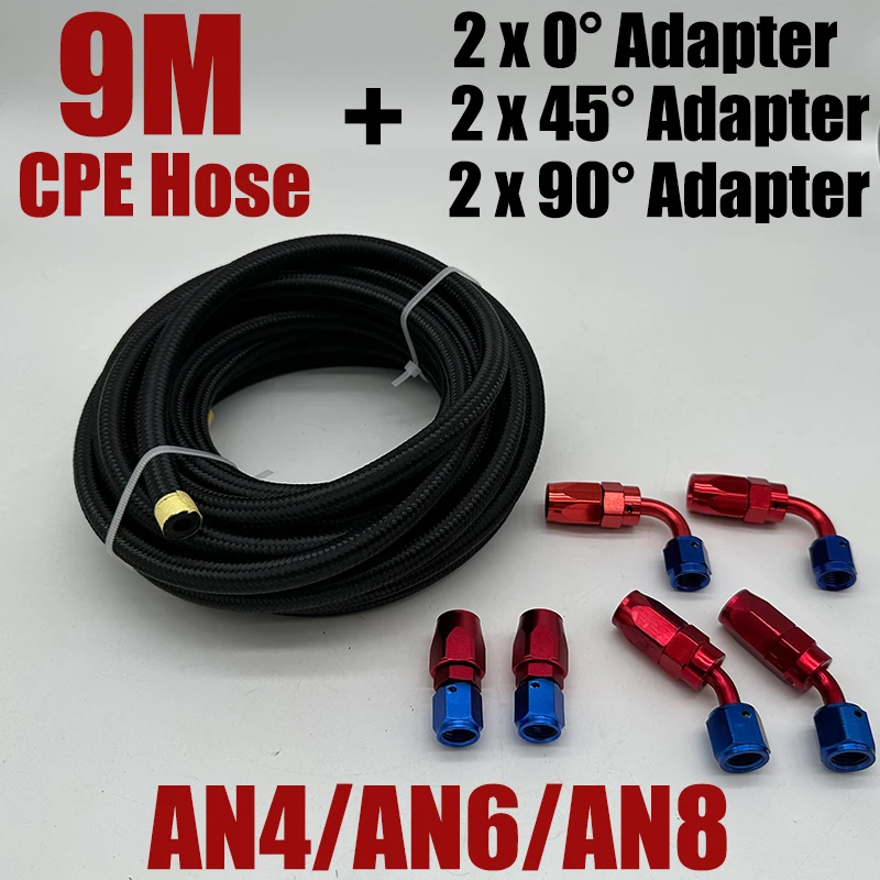 

30FT 9M AN4 AN6 AN8 Fuel Hose Oil Gas Cooler Hose Line Pipe Tube Nylon Stainless Steel Braided Inside CPE Rubber With 6 Adaptors