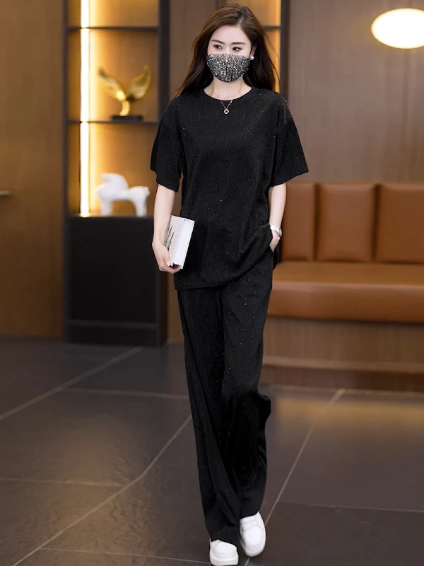 

Simple Faion Design ort Sve Glittering Diamond Straight Leg Pants Women's Set Summer 2025 Brand Women's Clothing