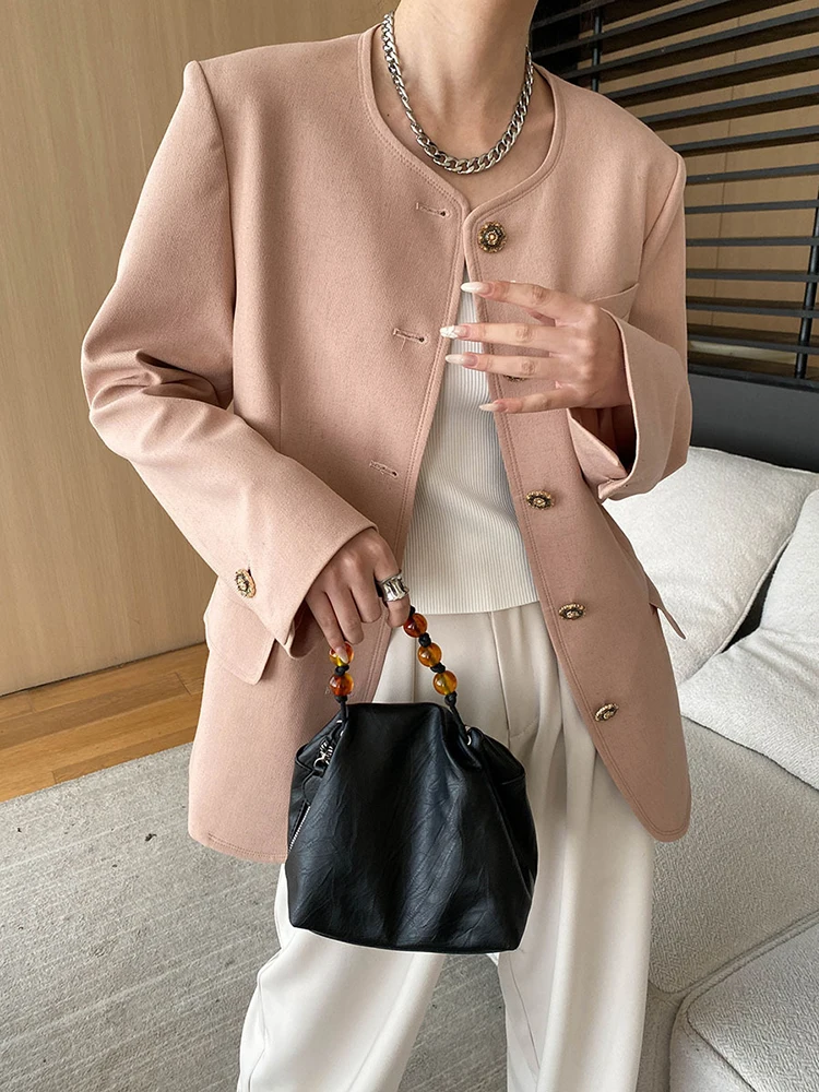 [LANMREM] Office Lady Round Neck Blazers For Women Single Breasted Minimalism Loose Jackets Fashion 2024 Autumn New 26C140