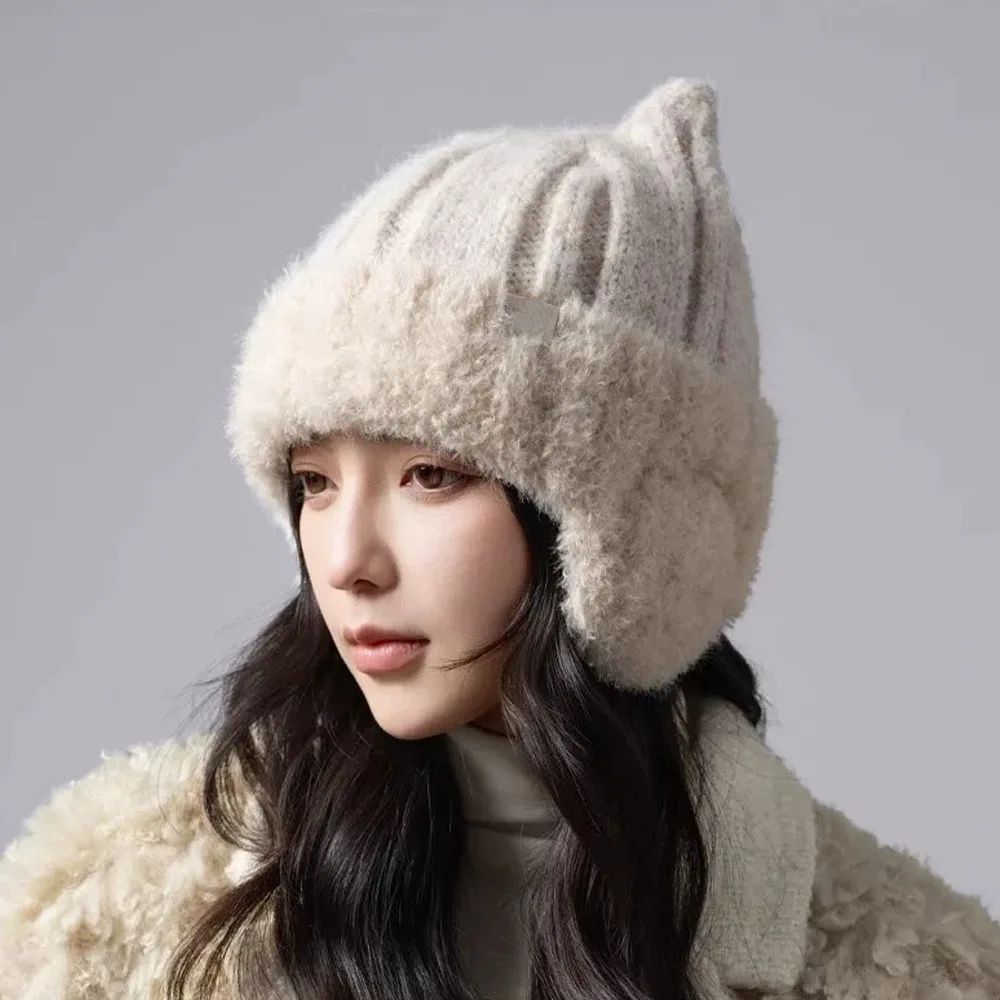 Knitted Fabric Winter Earflap Hat Ribbed Knit Lining Knit Earflap Beanie Full Ear Coverage Soft Stretch Cat Ear Beanie
