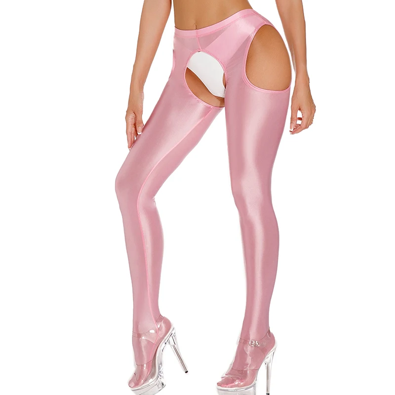 Women Glossy Shiny Leggings Pants Hight Waist Hollow Out Novelty Crotchless Open Butt Bondage Bodystocking Exotic Nightwear 2XL