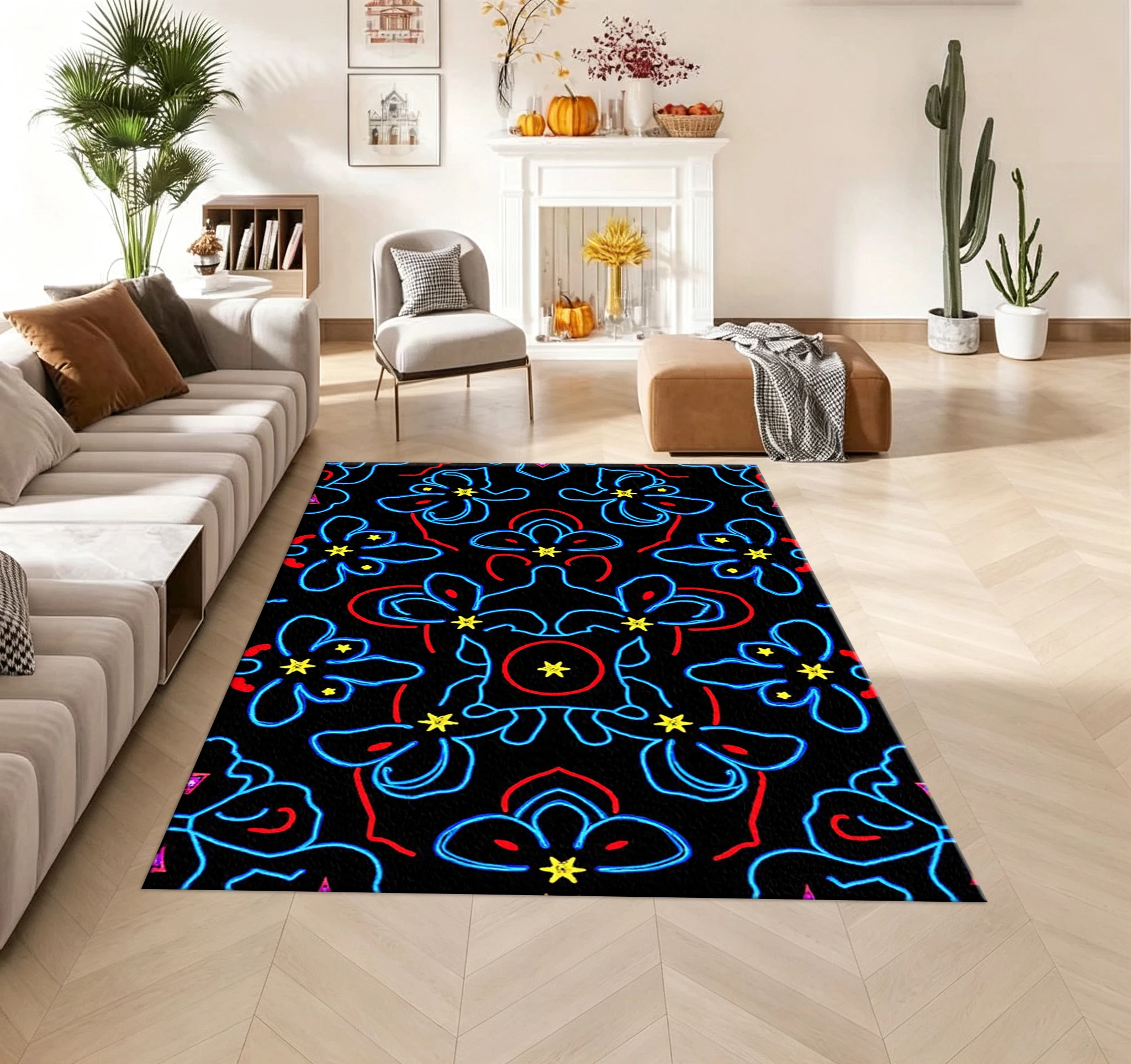 Neon Line Abstract Mandala Pattern Carpet Stylish Printed Carpet Home Floor Mat Suitable for Living Room Bedroom Decoration