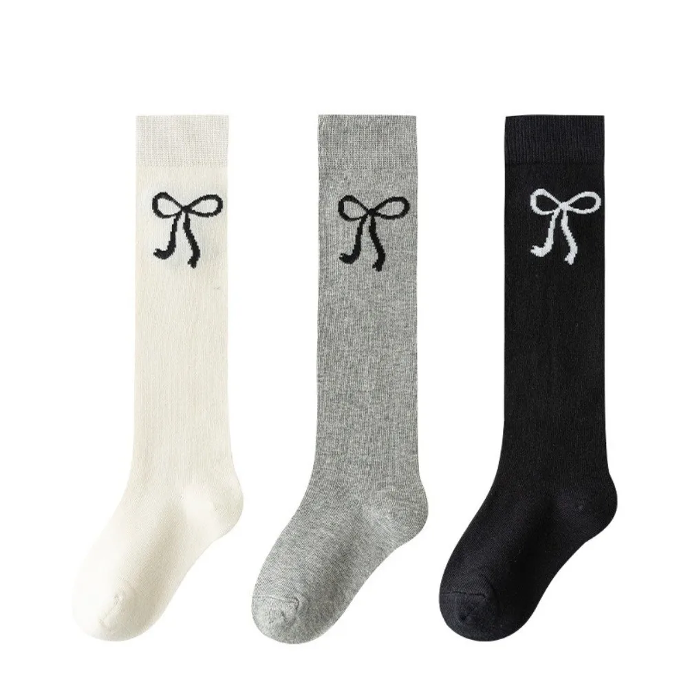 

3 Pairs Bow Mid-calf School Socks Breathable Cotton Kids Stackable Tights Sweat-absorbent Children Knee High Slouch Socks