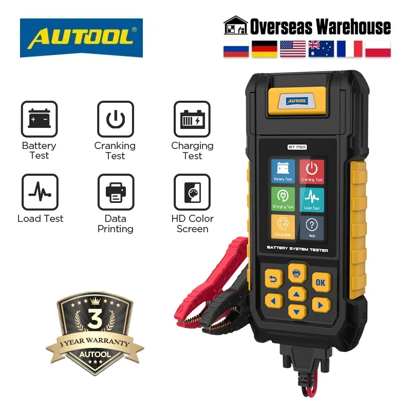

AUTOOL BT760 Battery Tester With Printer Battery Analyzer Tester Max Load Cranking Charging Tester Automobile Battery