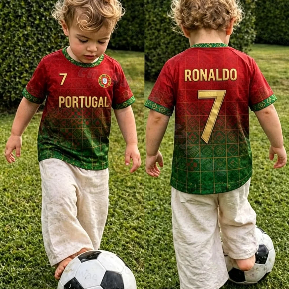 26 Sommer Jungen Mädchen RONALDO 7 Fußballtrikot T-Shirt Damen Herren Portugal Fußballfans Männer Frauen Kinder Kurzarm T-Shirt – Detail 5