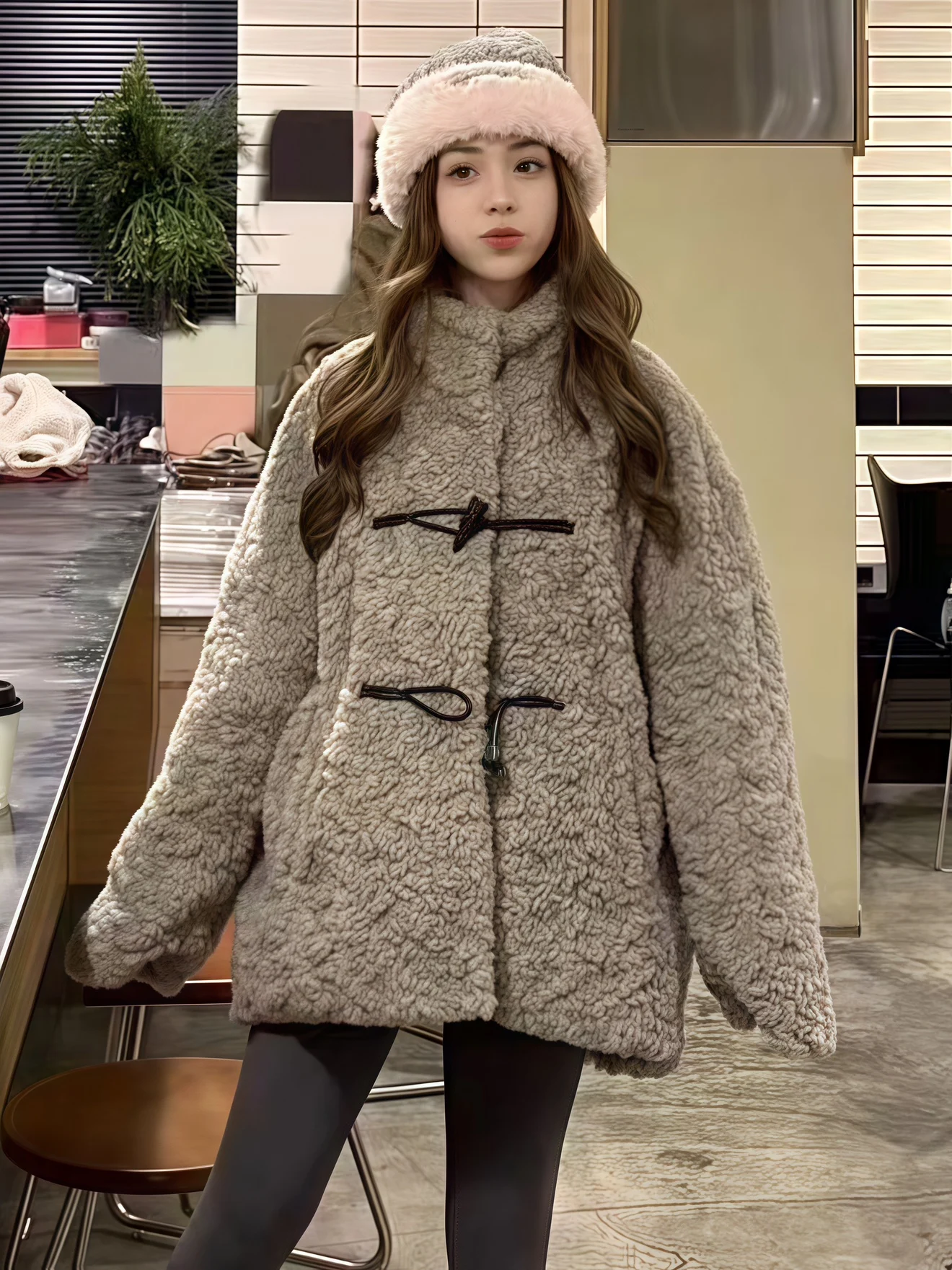 ay Cappotto di pelliccia con colletto alla coreana retrò da donna abbottonato allentato ecologico caldo top lungo Sve colore puro coreano Sle