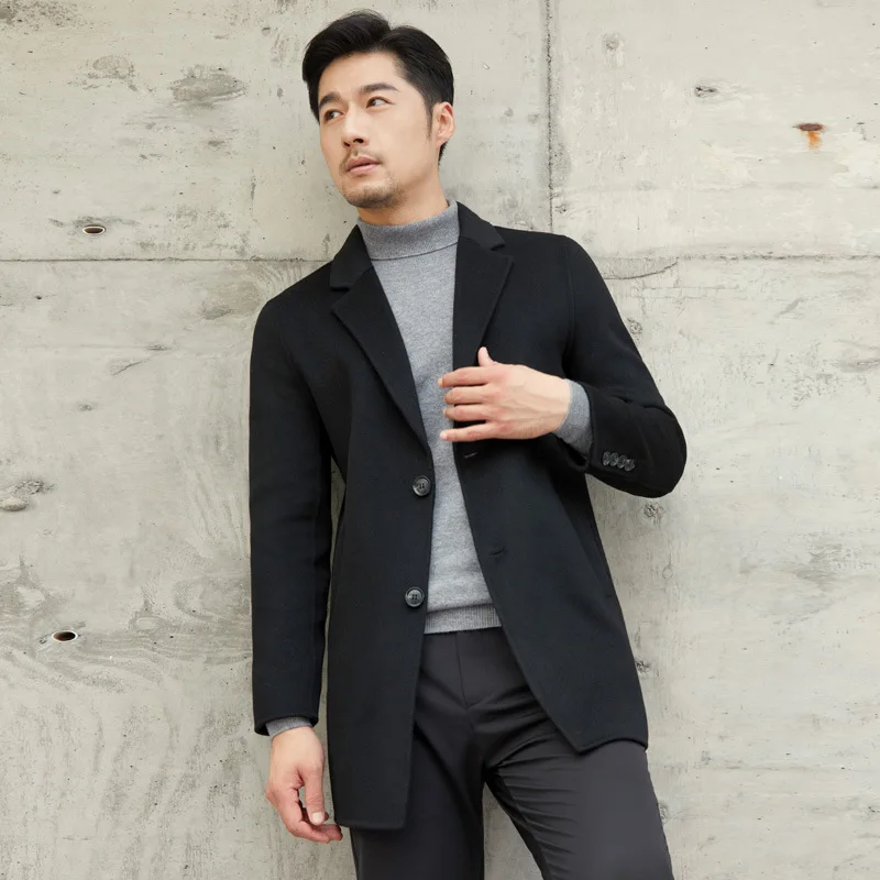 Autumn Winter Double-sided Cashmere Coat Men's Mid Long Blue Wool Woolen Jacket Off-season High-end Suit Business Trench Outwear